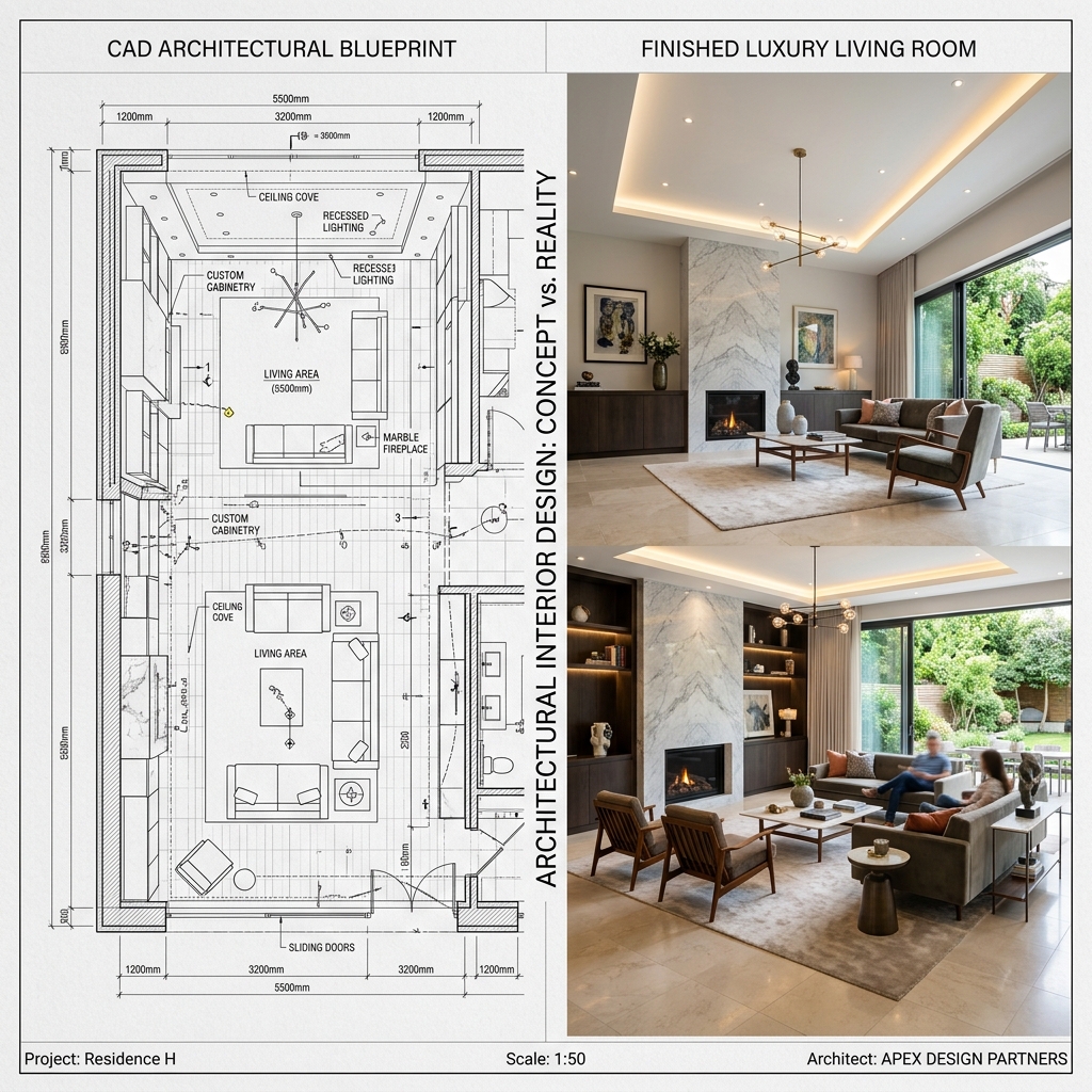 Architectural blueprint precision matched with 1:1 real world turnkey interior execution